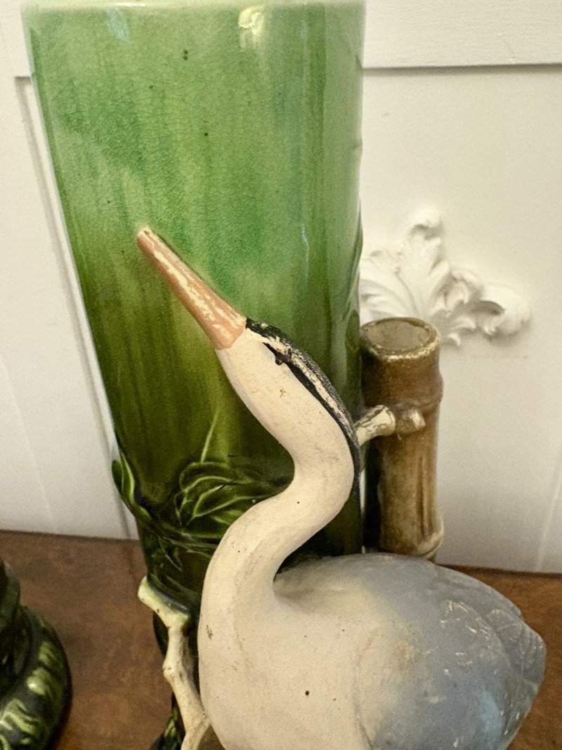 Unusual Pair of Antique Victorian Bretby Art Pottery Bamboo and Stork Vases